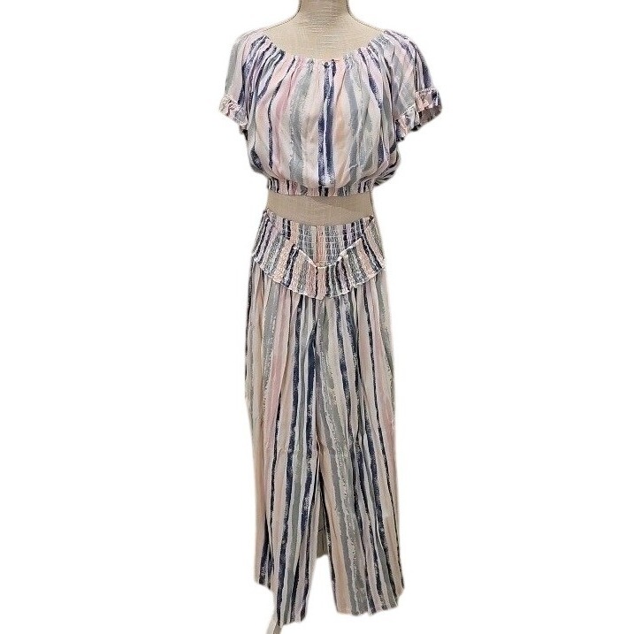 Ocean Drive Pastel Stripe 2 Piece Set Crop Top Palazzo Pants Rayon Medium